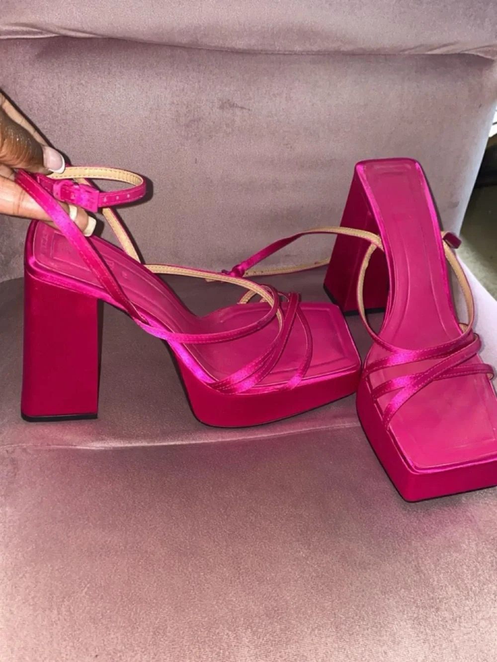 Zara Hot Pink Strappy Block Heel Sandals